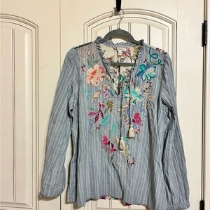 Johnny Was Embroidered Blue Striped Women's Top